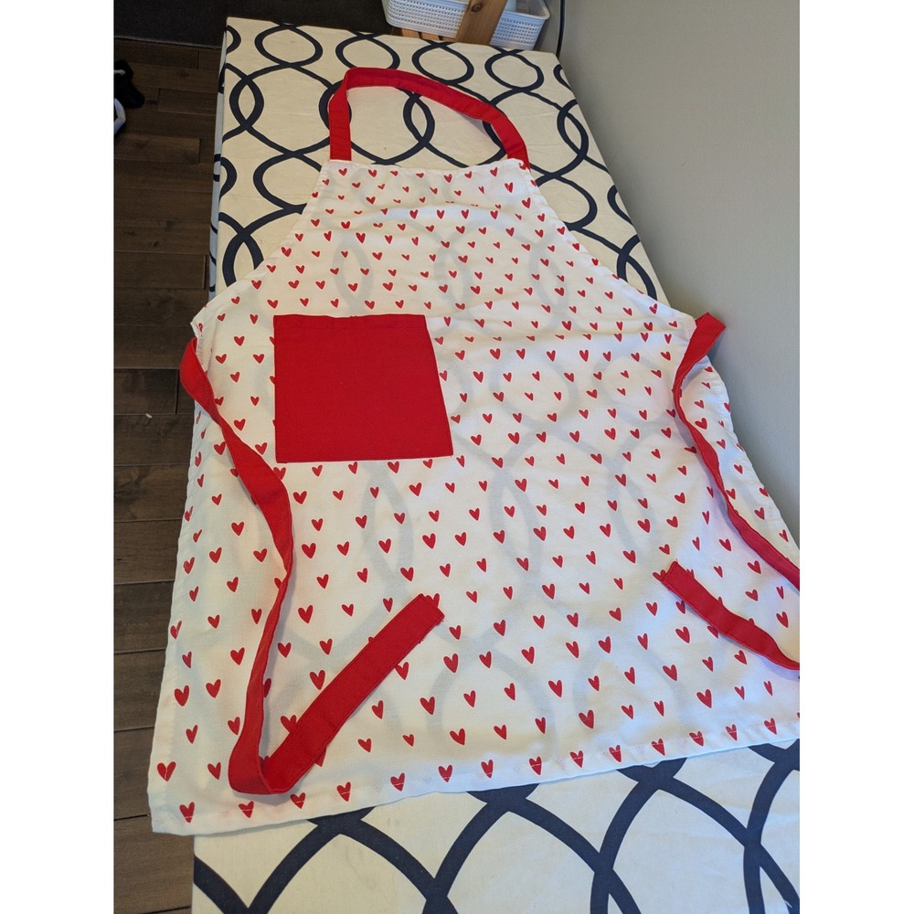 Kids Red Heart Print Apron White with Front Pocket and Red Ties